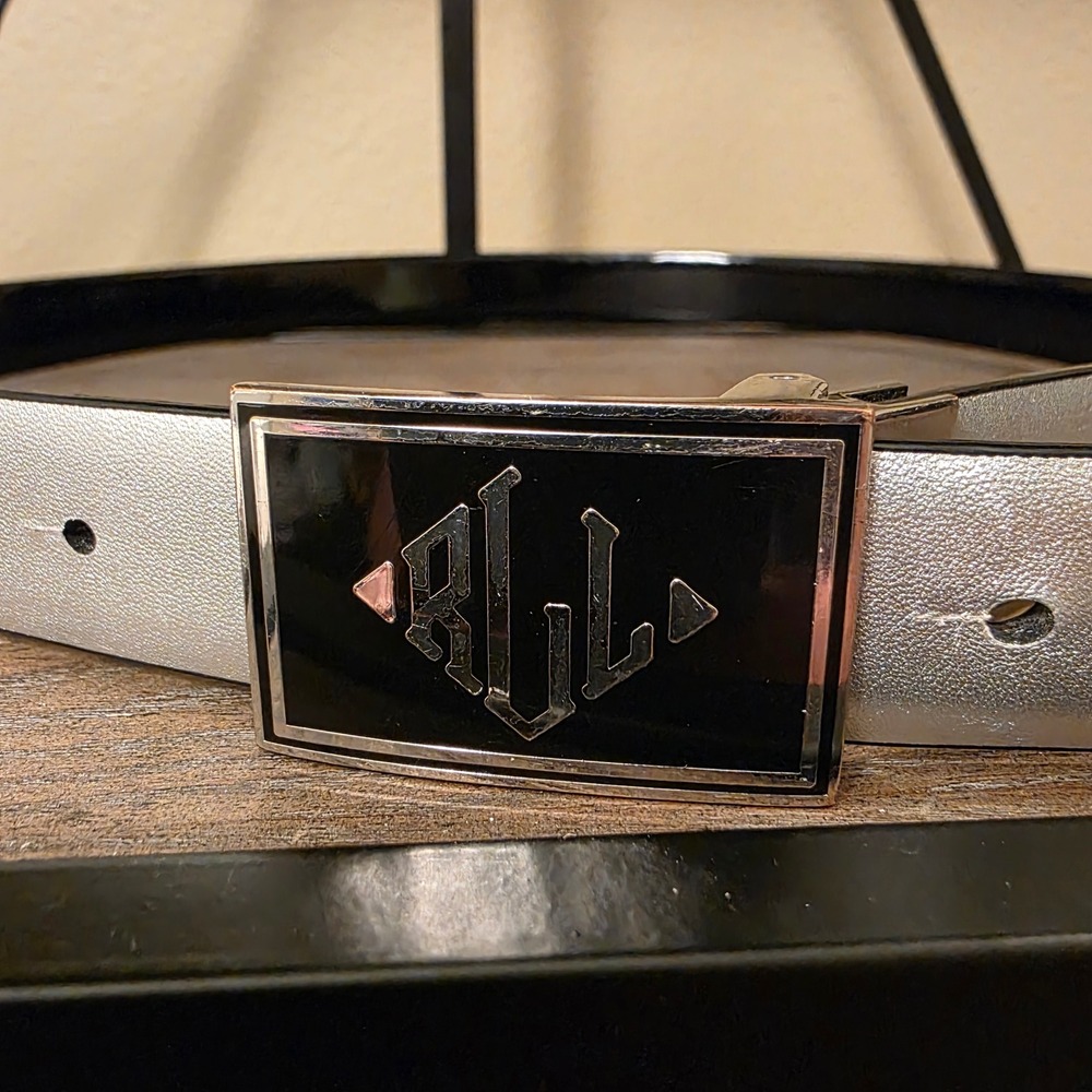 Lauren Ralph Lauren Reversible Belt Silver Black Monogram Plaque Buckle 41 Inch